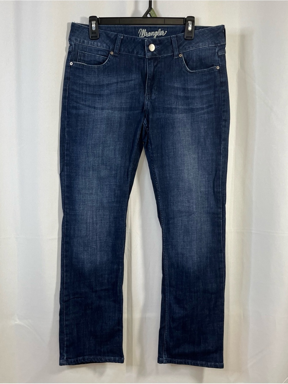 Wrangler Women's Straight Leg Mid Rise Dark Wash Blue Stretch Denim Jeans 11x32